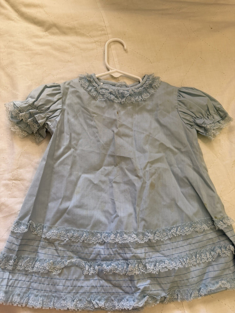 Blue Lace Trim Puff Sleeve Button A-Line Knee Length Dress Girls Size 3