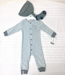 Carter’s Light Blue/Navy Knit Coverall Bear 3pc Set Hat Socks 6 Months