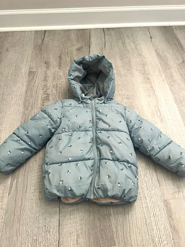 H&M Toddler 4T Blue Floral Hooded Full Zip Lined Puffer Jacket Fall/Winter
