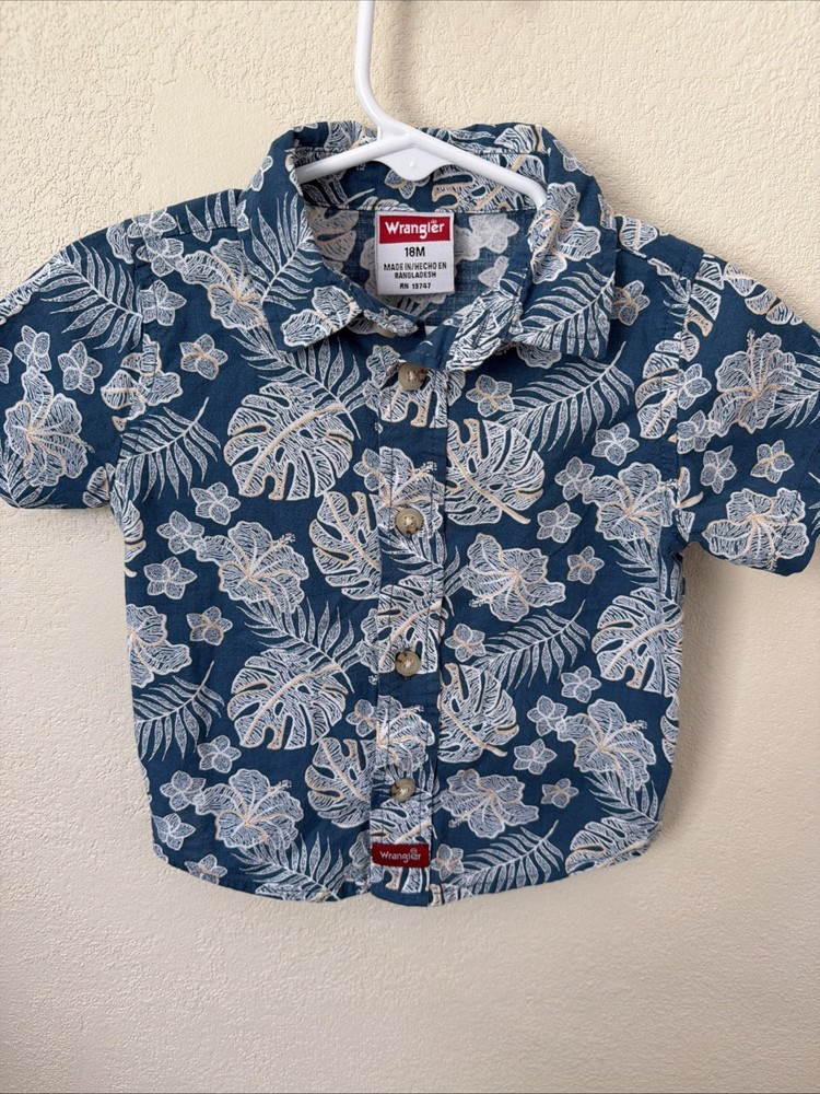 Wrangler 18 Month Hawaiian Button Down Shirt Blue Leaves 100% Cotton