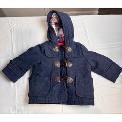 Baby Gap Navy Blue Herringbone Wool Blend Toggle Duffle Coat Hooded 6-12 Months