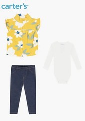 Carter’s Baby Girls 3-Pcs Yellow Floral Vest Long Sleeve Body Top Pants Set 6 M