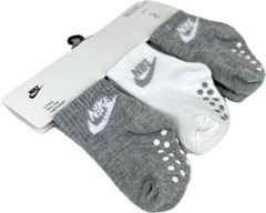 Nike Baby 3 Pk Grey White Ankle Polyester Swoosh Logo Gripper Sock Set Sz 6-12 M