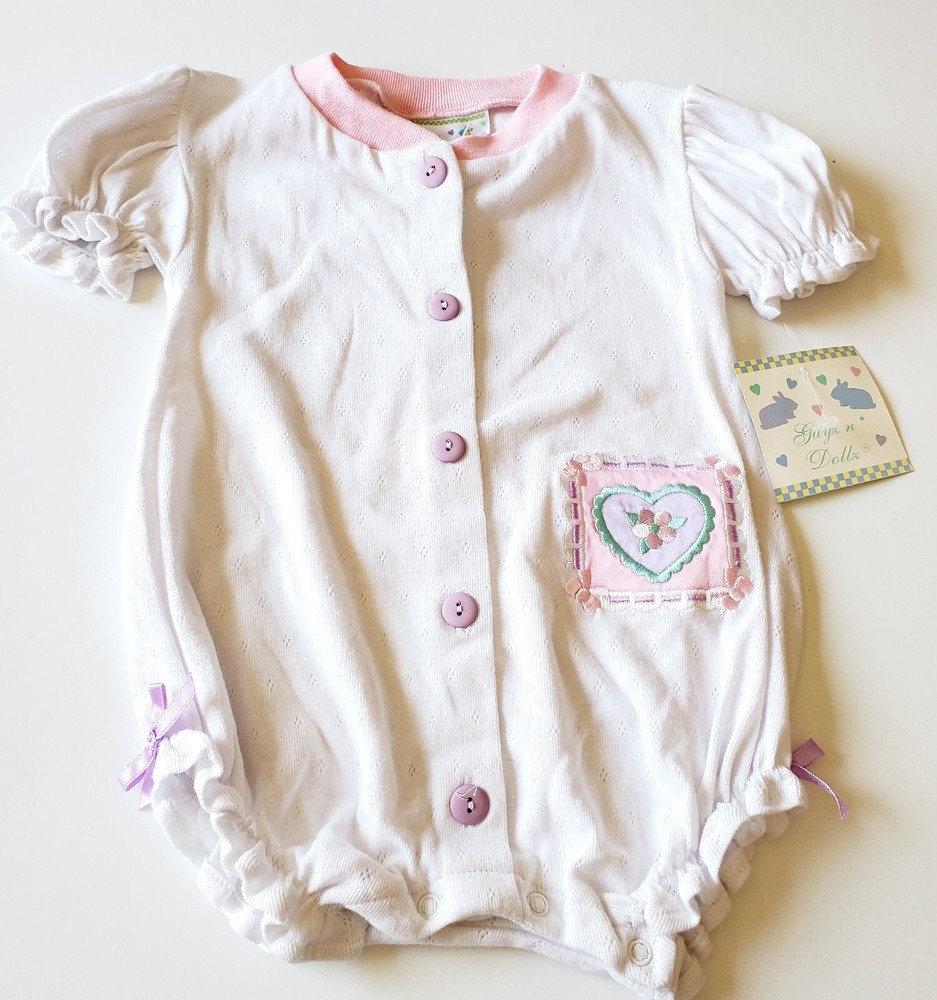 Vintage Baby Girl Romper White Pink Purple Size 6-9 Months NWT Guyz N’ Dollz
