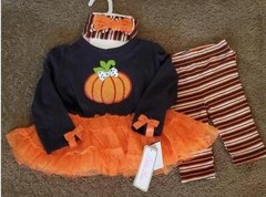 Baby Girl Little Lass 3pc Sequined Pumpkin Halloween Set Tunic Leggings Bow NWT