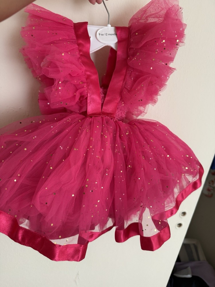 Baby Pink Fit & Flare Dress 9-12 Months Glitter Bow Ruffle Sleeveless Tulle