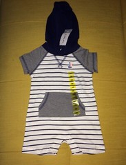 Carter’s Infant Boys Hooded Romper, Pinstripe Sailboat, Navy & White, NWT