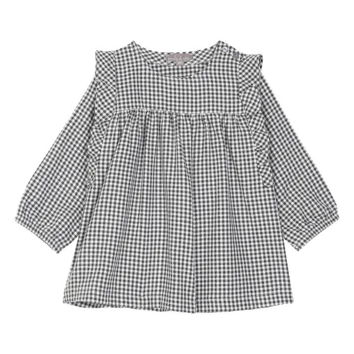 Emile et Ida Ruffle Shoulder Black White Gingham Check Vichy Baby Dress Size 9M