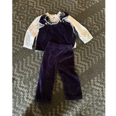 Vintage Girls Blue Velour 3-Piece Pants Set w/ Ruffle Long Sleeve Blouse, 12mos