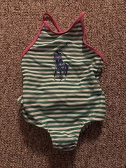 Ralph Lauren Girls 24 Month Green And White Striped One Piece Swimsuit