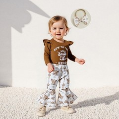 New To The Herd Baby Girl Western Outfit Highland Cow Print Long Sleeve Rompe…