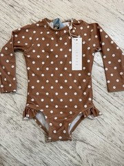 Minnow Swim 2T Girls Mocha Dot Rashguard One Piece NEW! Ribbon Tie Snap Bottom