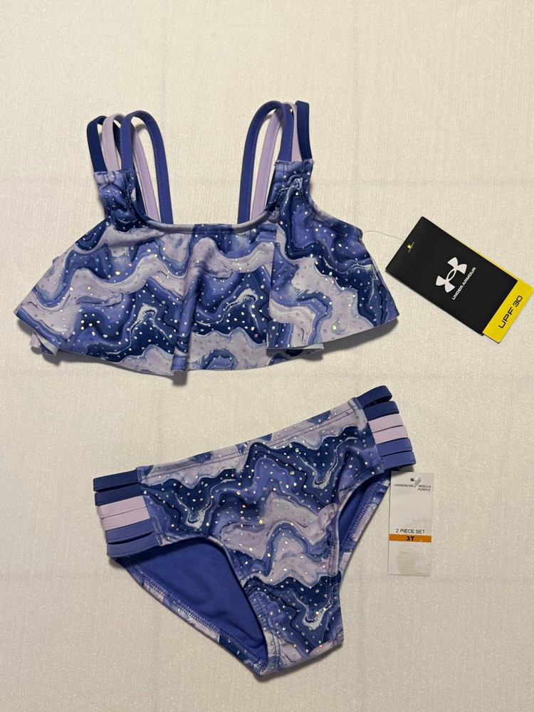Under Armour Girls 3T 2-Piece Swim Set Purple/Blue Abstract UPF 30 Glitter