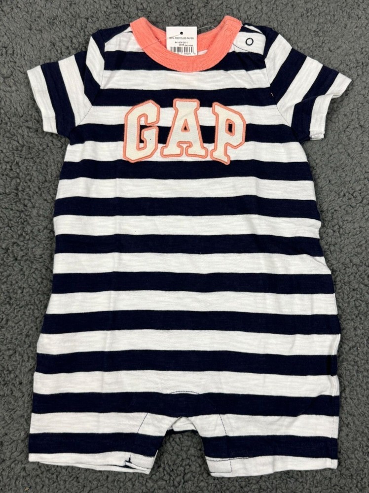 NWT Gap Baby 3-6 Shortie Romper Outfit Baby Boy Stripe Coral Blue White Short