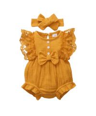 Infant Baby Girl Lace Flared Sleeve Bodysuit and Headband Summer Romper Set