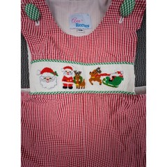 Ann Reeves Baby Romper 12M Red Gingham Smocked Santa Reindeer Christmas Cotton