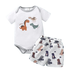 Newborn Baby Boy Cartoon Dinosaur Bodysuit Shorts Set Summer Wear 0-24M