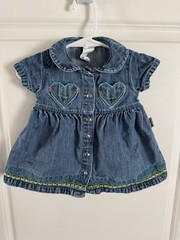 Vintage Carter’s Girls Blue Denim Shirt Dress Button Front Heart Embroidered 12M