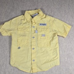 Columbia PFG Boys 3T Yellow Solid Short Sleeve Button-Up Shirt Pockets Logo