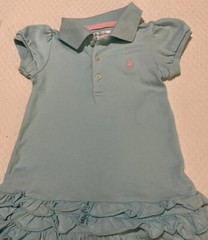 NEW RALPH LAUREN BABY GIRLS DRESS SIZE 12 MOS BLUE WITH PINK LOGO & RUFFLED HEM