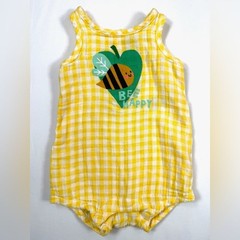 OLD NAVY Baby Gingham Bee Romper Yellow Picnic Summer Size 6-12m Cottagecore