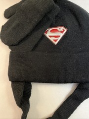 Superman Logo Black Knit Beanie And Gloves With Chin Strap, Infant/Toddler Small