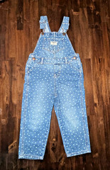 OshKosh B’gosh Toddler Girls 3T Denim Overalls Blue Heart Print Jean Bibs EUC