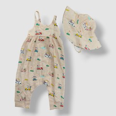 Angel Dear Baby Girl’s Pink Golf Carts Tie Back Romper & Sun Hat Set Size 12-24M