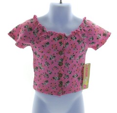 Girls Pink Floral Ribbed Top Lemon Kiss Button Front Shirt Cotton Tee Size