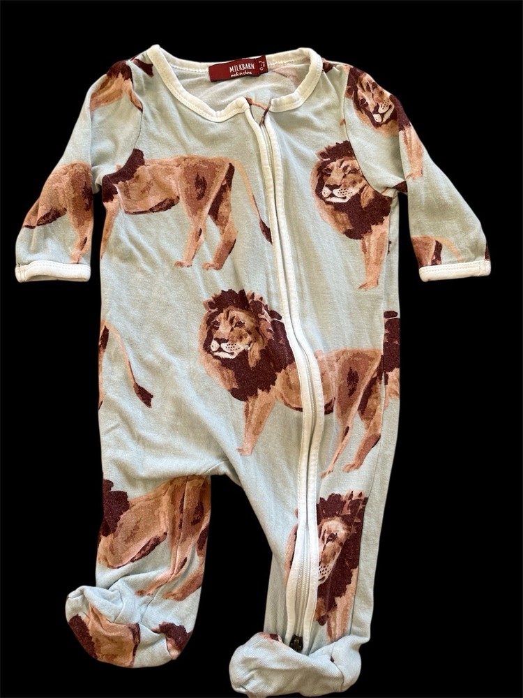 Milkbarn EUC Green/Brown Lion Bamboo Dual Zip Footie-0-3Mos