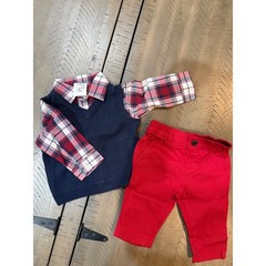 The Children’s Place Boys 3pc Plaid Shirt Sweater Vest/Pants Set 3-6 Months NEW