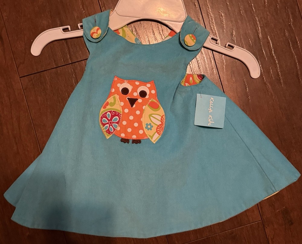 Kelly’s Kids Baby Girls 12-18M Reversible Blue Floral Owl Appliqué A-Line Dress