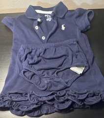Ralph Lauren Girls 6M 2pc Blue Knit Polo Dress Ruffle Hem & Bloomer Set
