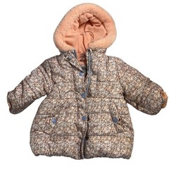 Kensie Girl Baby Floral Puffer Jacket 12M Pink Peach Blue Flowers Faux Fur Hood