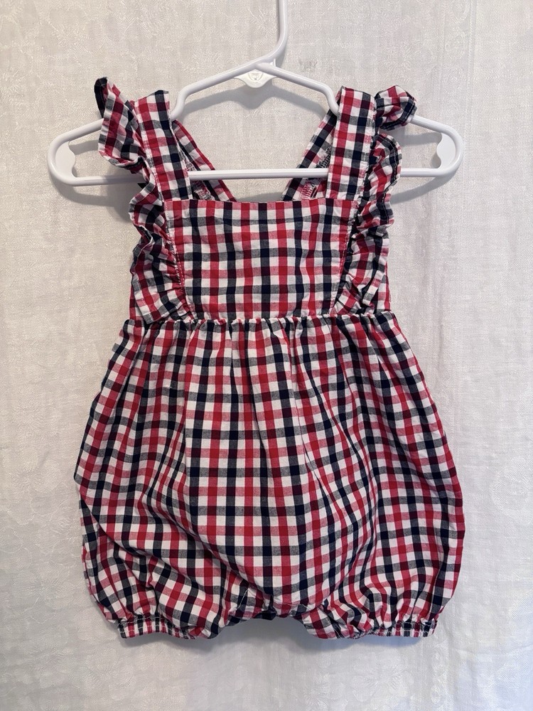 4th of July Baby Bubble Romper Gingham Sleeveless Red White Blue Ruffle 3-6m