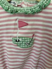 Magnolia Baby pink white striped golf embroidered applique bubble 12 month