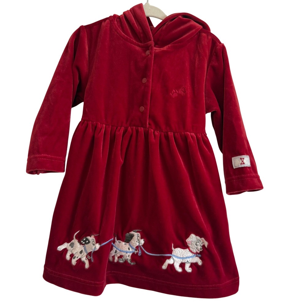 Vintage Y2K Disney 101 Dalmatians Red Velvet Hoodie Dress Dog Girls 18 months