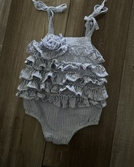 Mudpie Baby Girl 0-6 Bubble Romper Blue Stripe Flower Ruffle Layered Seersucker