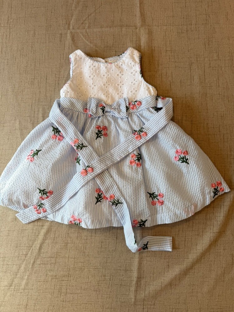 Rare Editions Girls Dress 24M Blue Seersucker Floral Embroidered Easter Party