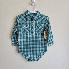 Wrangler NWT Green Plaid Pearl Snap-Front Long Sleeve Baby Bodysuit 18 Months