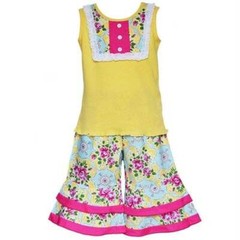 AnnLoren Boutique Girls Cotton Yellow Tank and Floral Damask Capri Set 2/3T 4/5T