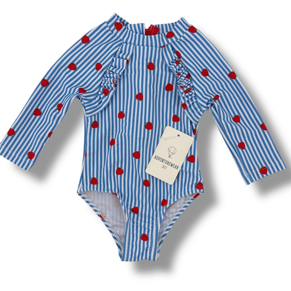 Strawberry Stripe Ruffle Long Sleeve Rashguard Swim Suit Baby Girl Sz 3 Mos