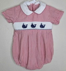 Edgehill Collection Boys Smocked Bubble Ghingam Red Striped Blue Whales 9 Months