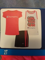 Champion Girls Toddler 3 Piece Pink Shirt/Black Shorts/White Tank Top Set Sz 2T