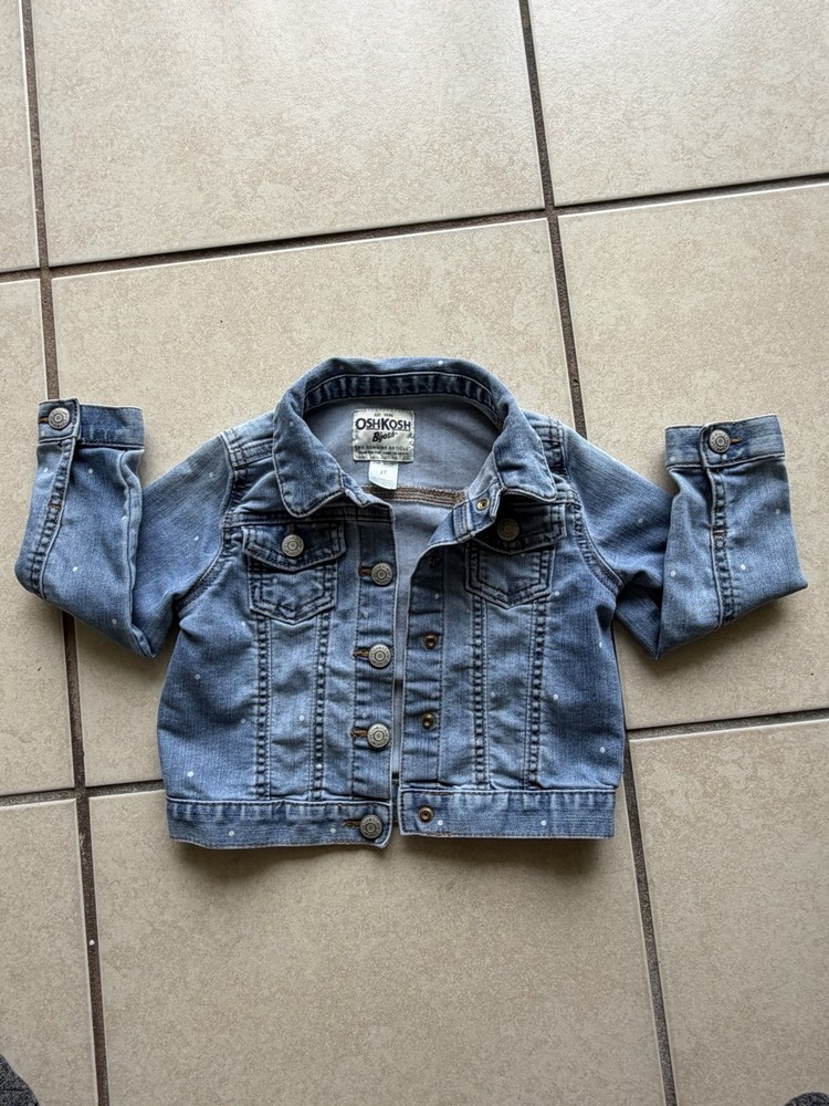 OshKosh B’gosh Denim Jacket Blue Polka Dot 3T Button Front Collared Pockets