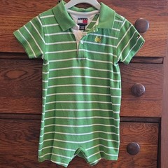 Tommy Hilfiger Baby Boys 12-18M Green/White Striped Collared Crab Romper