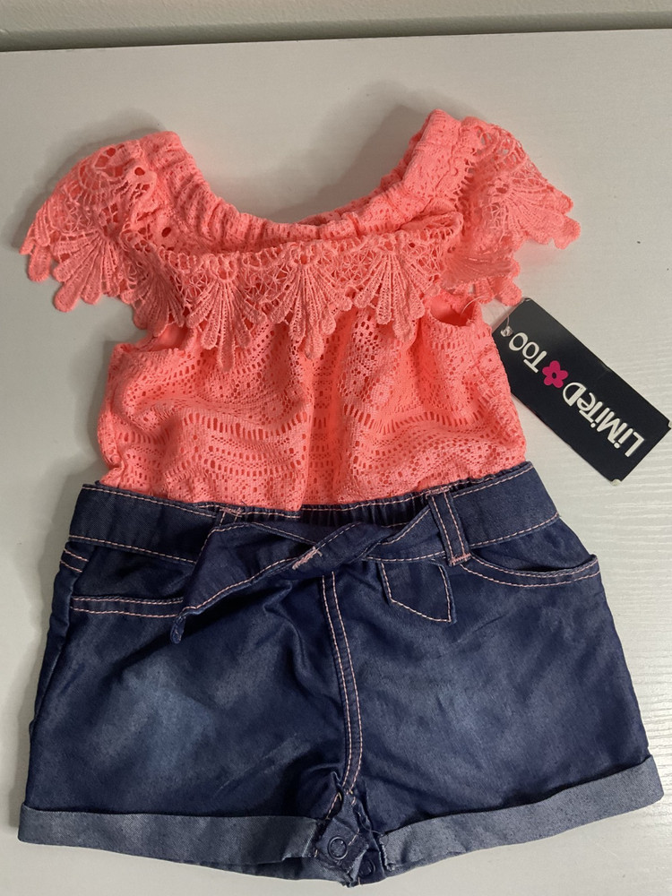 Limited Too Baby Girls Lace Neon Coral & Denim Romper Size 18 Months