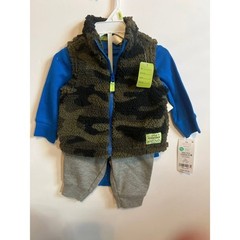 Baby Boys Cozy 3-Piece Camo Vest Blue Shirt & Gray Pants Outfit Set size 3 Month