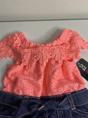 Limited Too Baby Girls Lace Neon Coral & Denim Romper Size 18 Months