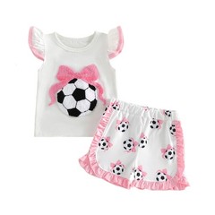 Baby Girl Soccer Summer Outfits Short Sleeve O Neck Soccer Bow Embroidered To…